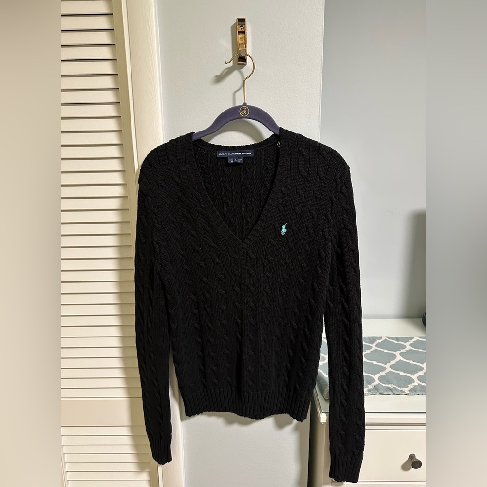 Ralph Lauren Black Cable Knit V-Neck Sweater